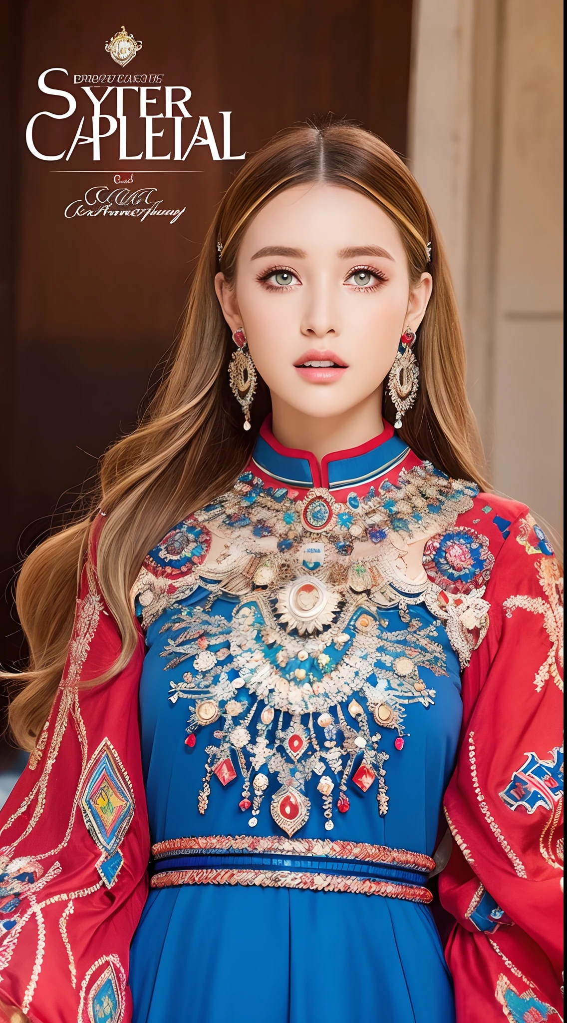 Very beautiful European beauty princess crystal eyes bright hyper realistic super detailed Dynamic shot masterpiece Complete outfit Moroccan caftan covers red and blue