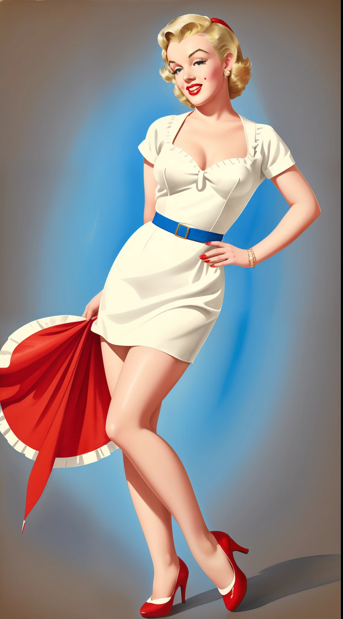 1950s Watercolor, Pen and Ink, 25 yo Marilyn Monroe in retro fashion, pin-up style, full body shot, depiction of rural life, light gray and light brown and red and white and blue, in the style of classical Americana, mottled, playful innocence, dotted, cutout from white background, in the style of Andrew Loomis, masterpiece art work,