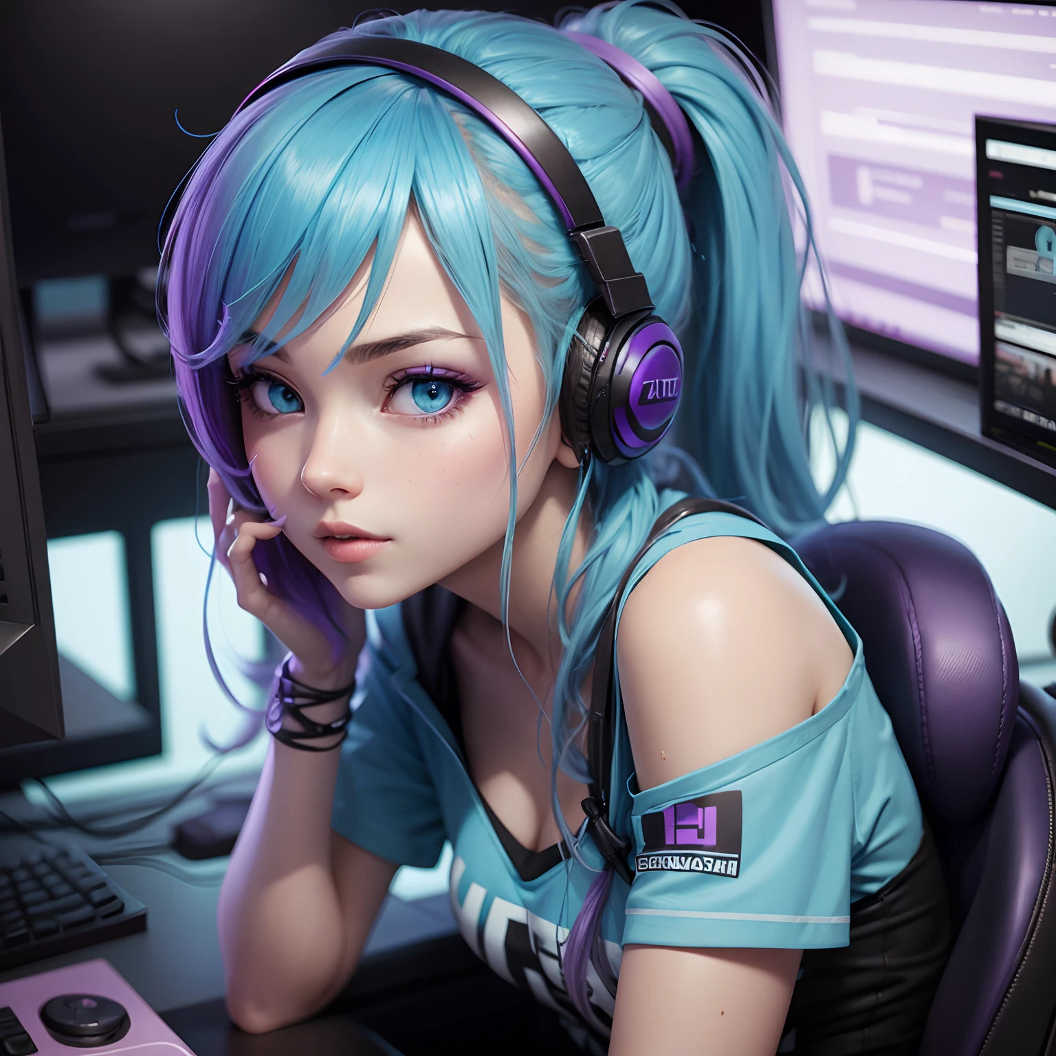 Side close up, gamer girl, beautiful, cyan, purple