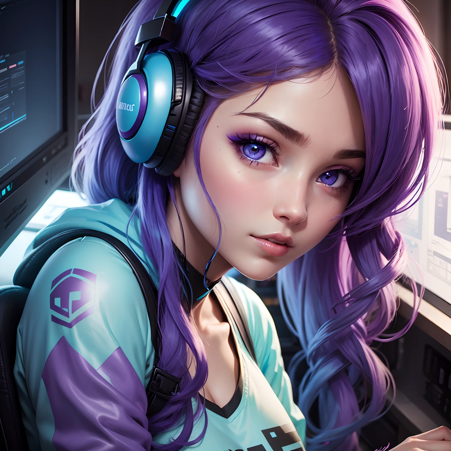 Side close up, gamer girl, beautiful, cyan, purple