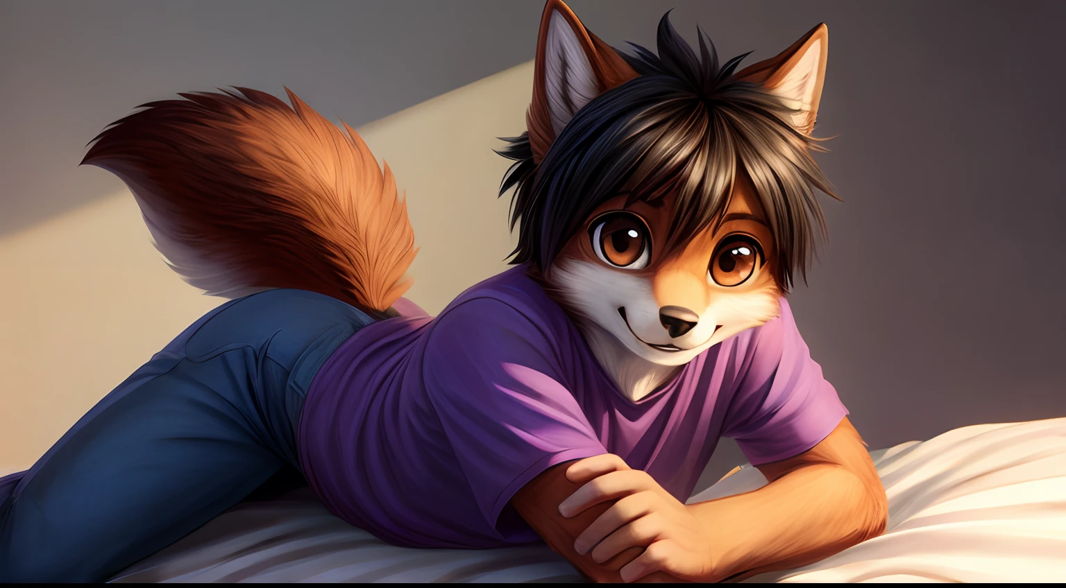detailed face, detailed body, red furred male wolf, black cowlick hair, light background, solo, purple shirt, jeans pants, fluffy tail, brown eyes, soft shadows, layed in a bed, high resolution, smiling, big eyes