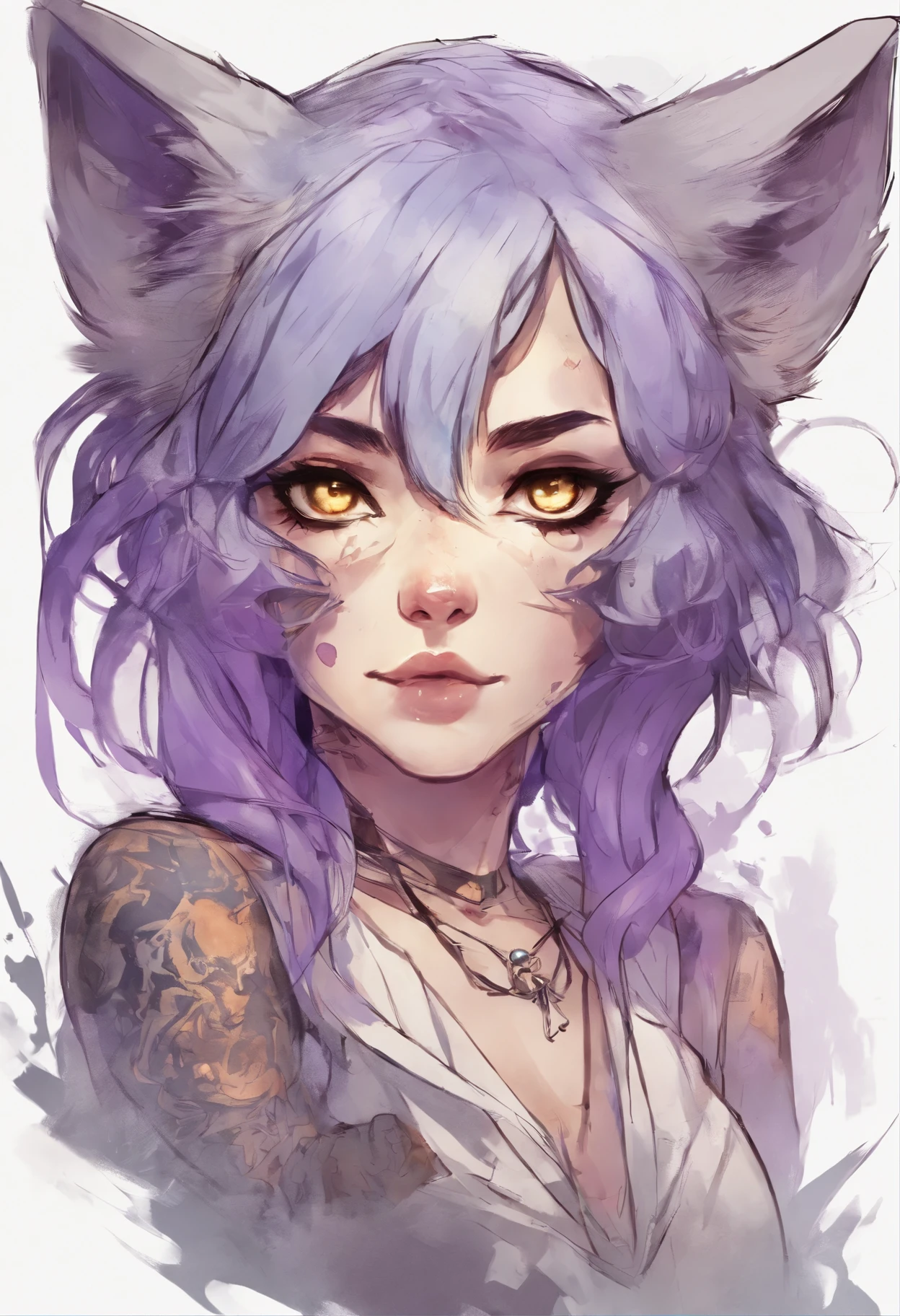 Anime tattoo sketch of a girl with wolf ears and fangs with purple hair, golden eyes, cat's drooping ears to the side, Crosses in the eyes,