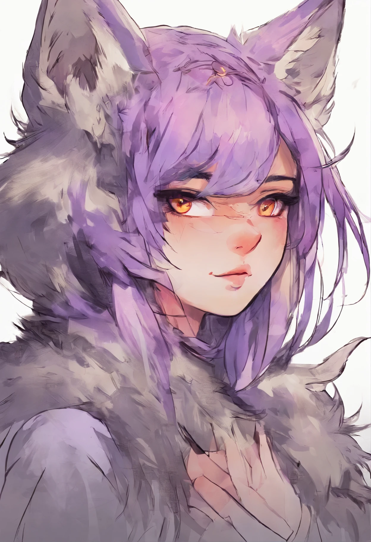 Anime tattoo sketch of a girl with wolf ears and fangs with purple hair, golden eyes, cat's drooping ears to the side, Crosses in the eyes,