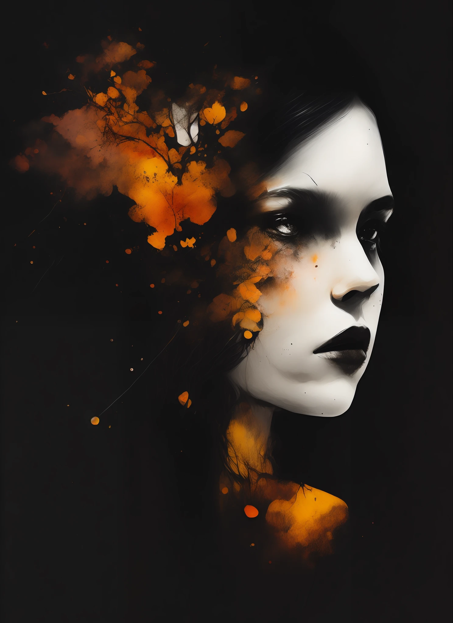 agnes cecile woman face black, glowing design, pastel colors, ink drops, autumn lights