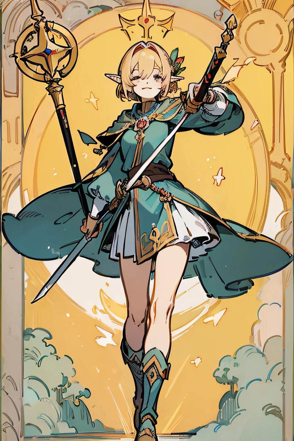 ((Masterpiece)), ((Best quality)), ((A high resolution)), ((finedetail)),tarot cards、magister、dungeons and dragons,Blonde elf girl,portraitures,Hold a long sword in your right hand,Hold the staff in your left hand,standing on your feet,Close one eye and smile