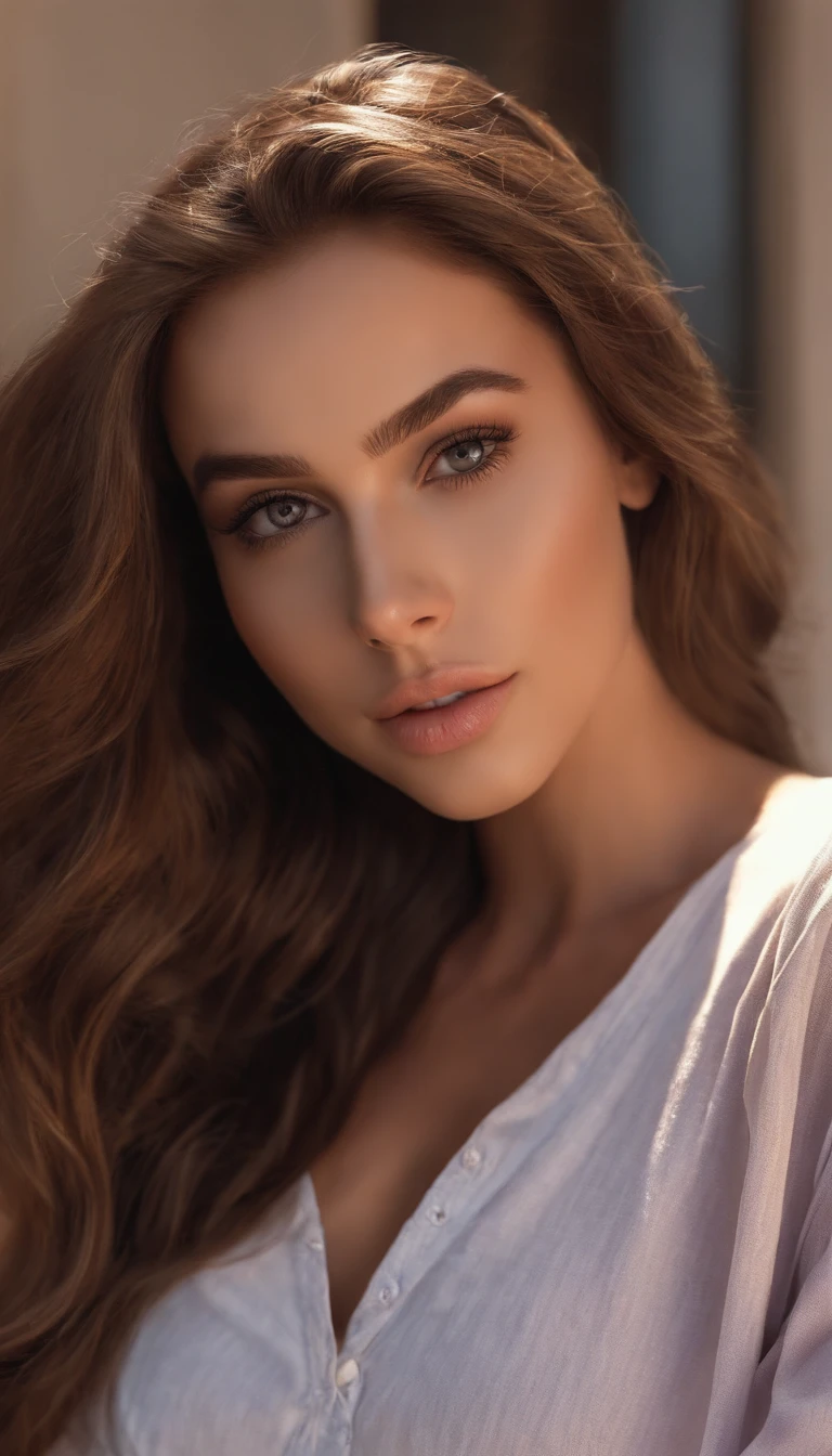 arafed woman fully , sexy girl with brown eyes, ultra realistic, meticulously detailed, portrait sophie mudd, brown hair and large eyes, selfie of a young woman, dubai eyes, violet myers, without makeup, natural makeup, looking directly at the camera, face with artgram, subtle makeup, stunning full body shot kneeling on bed, in bedroom, medium to large size bust