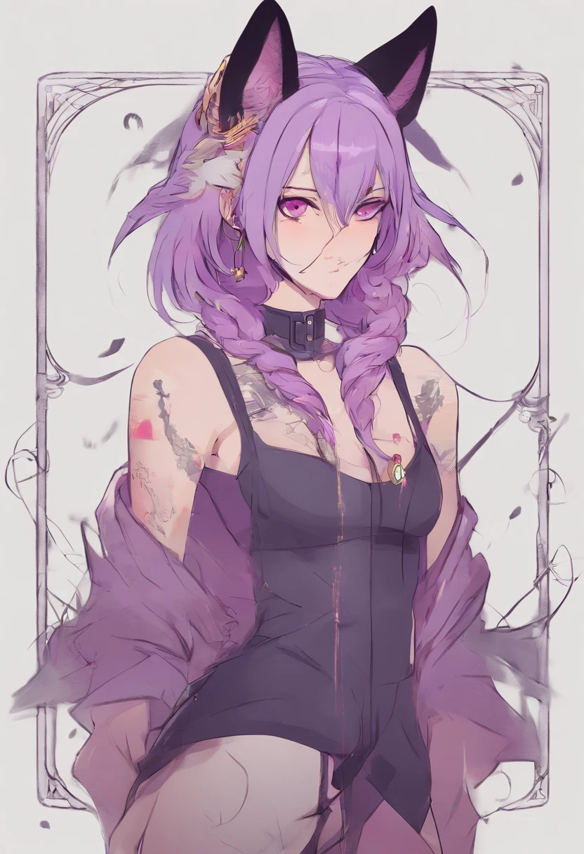 Anime tattoo sketch of a girl with wolf ears and fangs with purple hair, golden eyes, Cat's floppy ears on the side, Crosses in the eyes, Furry, Lush breasts, bathing suit, Coat contours, 独奏