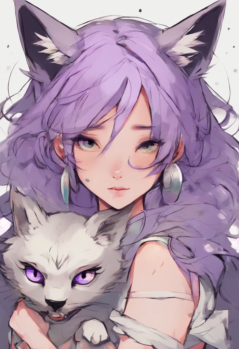 Anime tattoo sketch of a girl with wolf ears and fangs with purple hair, golden eyes, Cat's floppy ears on the side, Crosses in the eyes, Furry, Lush breasts, bathing suit, Coat contours, 独奏