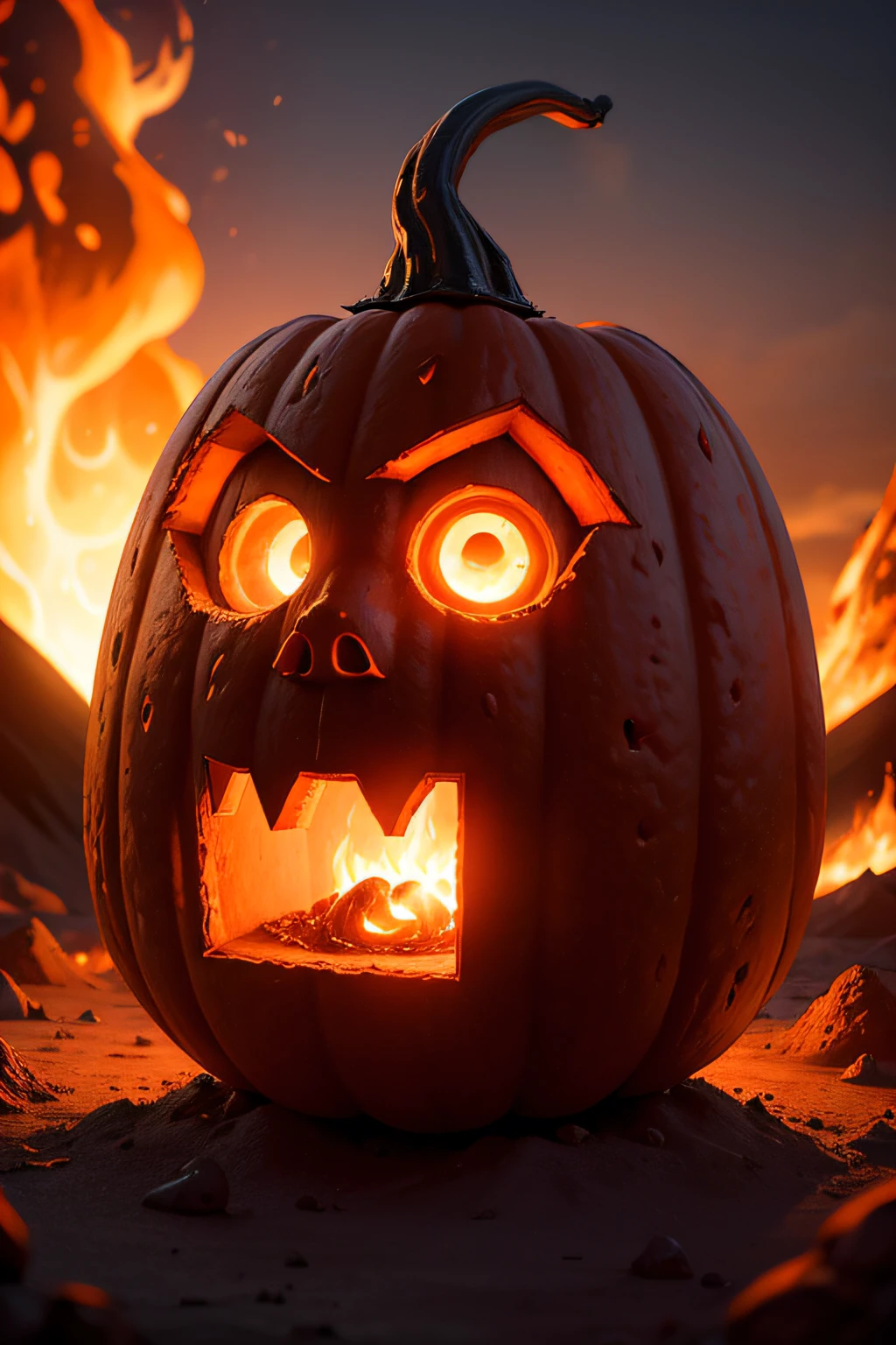 On a magnificent erupting volcano, a Halloween pumpkin is placed, with its eyes and mouth emerging from the incandescent lava