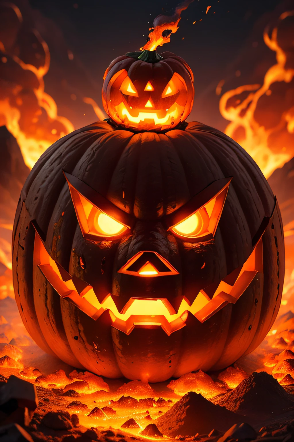 On a magnificent erupting volcano, a Halloween pumpkin is placed, with its eyes and mouth emerging from the incandescent lava