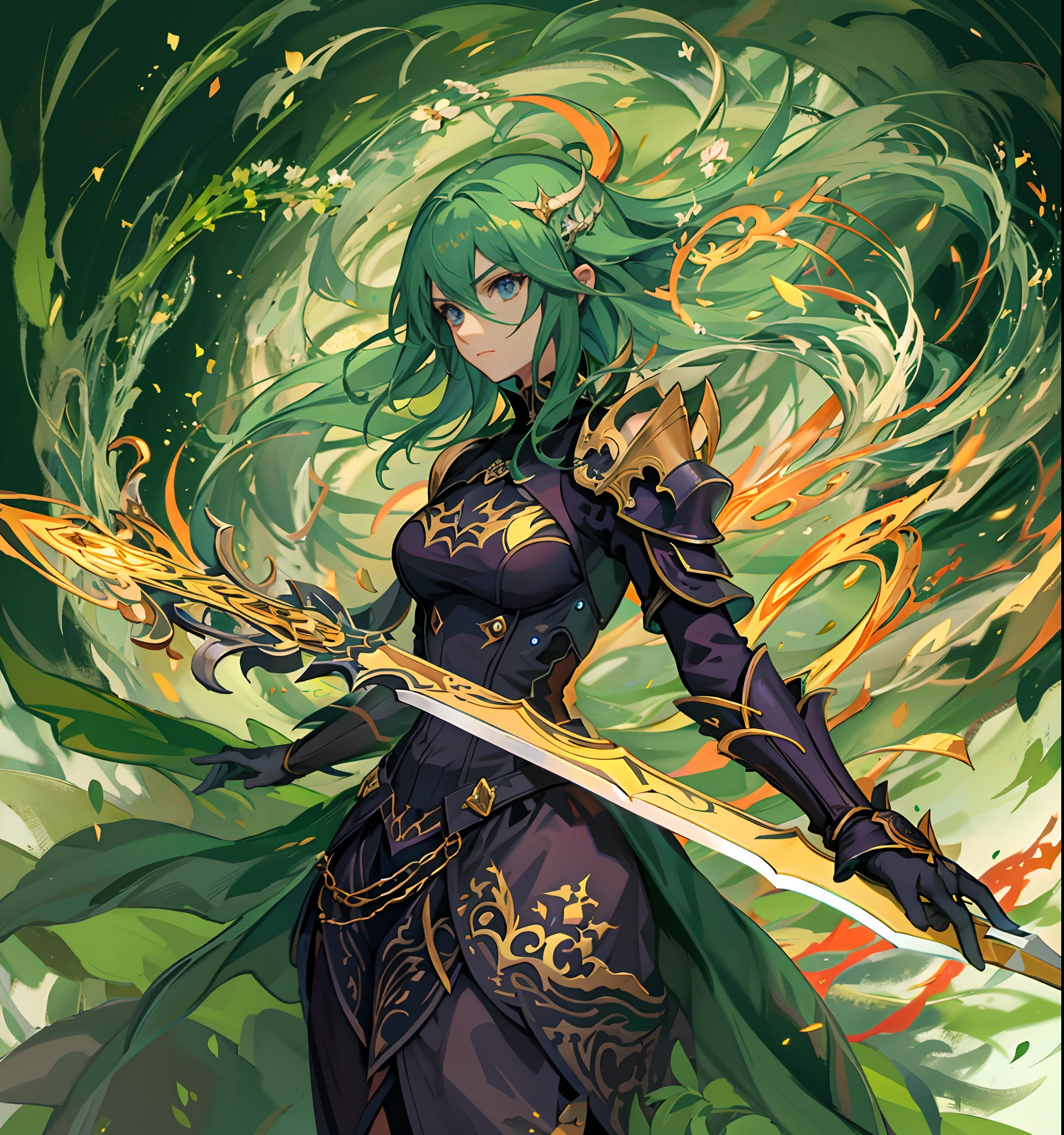 Hay un dibujo de una mujer sosteniendo una espada gigante celestal amarilla, Inspirado por Amano, inspirado por Li Chevalier, Arte Zerochan, sostiene una espada negra, Dark Cloud 2 art style, Ganador del concurso Pixiv, con espada grande, nge dark fantasy, anime in fantasy style, Drakengard, Arte de anime limpio y detallado, Boceto coloreado de alta calidad