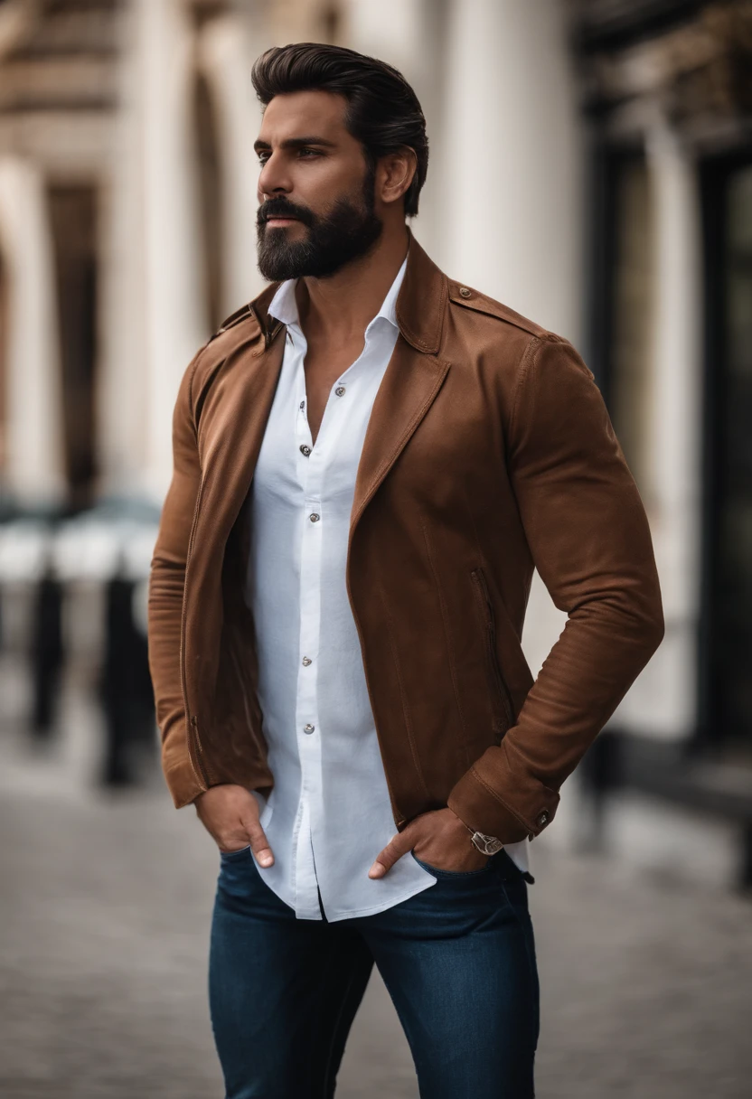um personagem masculino, 180cm de altura, cabelo preto liso e despojados, barba por fazer, olheira leve, idade 45 anos, olhos escuros, andando, usando uma jaqueta marrom, Denim Jeans Pants, fundo branco