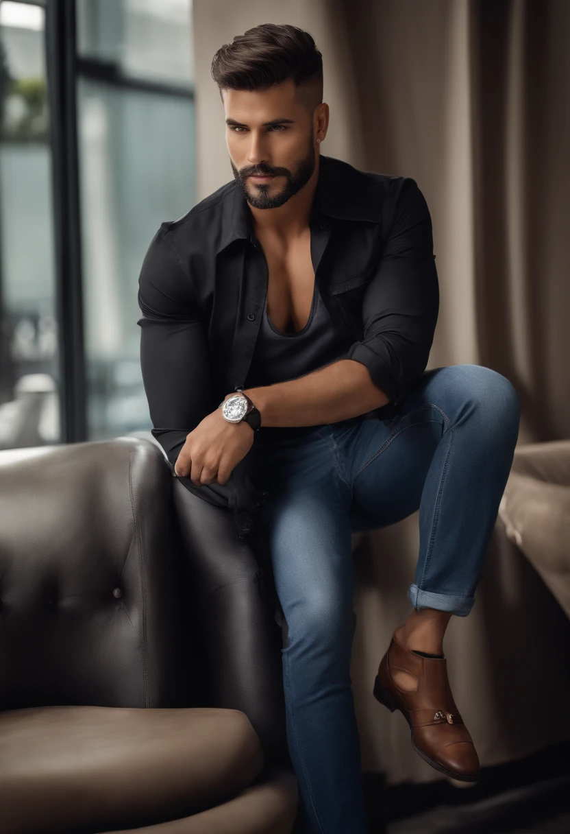 um personagem masculino, 180cm de altura, cabelo preto liso e despojados, barba por fazer, olheira leve, idade 45 anos, olhos escuros, andando, usando uma jaqueta marrom, Denim Jeans Pants, fundo branco