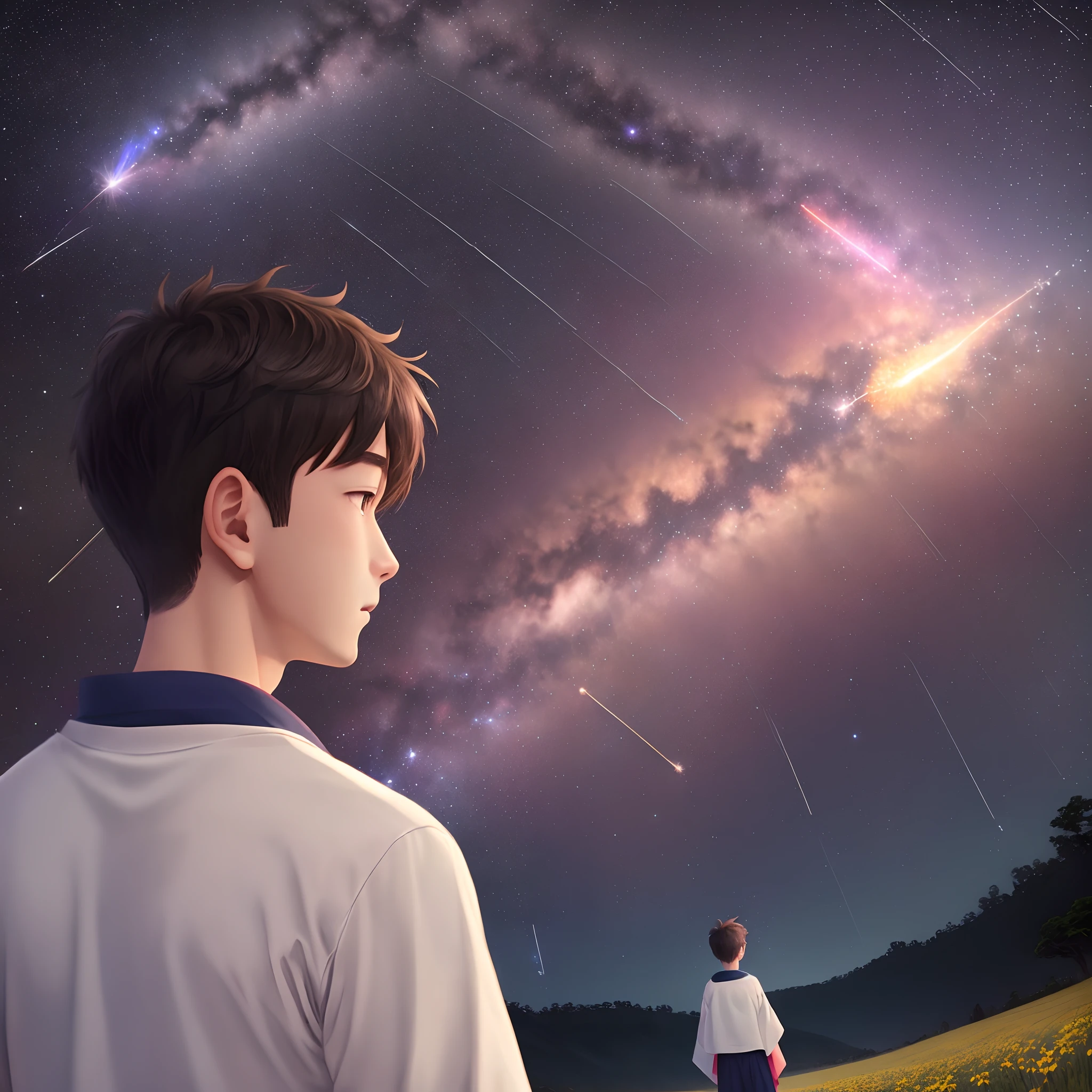 1boy, distant boy wearing a white t-shirt staring at the stars, (zoomed out:1.1), (meteor shower:1.2), (comet:1.1), your name, low angle, from behind, aroura borealis, shooting star, yukata, red kimono, cherry blossoms, standing in a field,best quality, masterpiece, cloud,colorful, starry,stars,