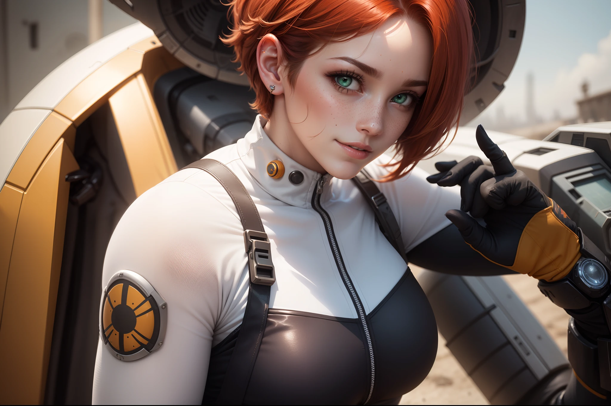 gwen tennyson,tracer,samus,rebecca chambers,overwatch,gundam,1girl,close up,mecha pilot,space port,mecha space suit,space marine,pirate corset, white long sleeve lycra top,white leggings,short hair,war makeup,green eyes,orange hair,purple highlights,shy smile,freckles,redhead,beautiful girl,large breasts,ultra detailed,realistic,fantasy art,