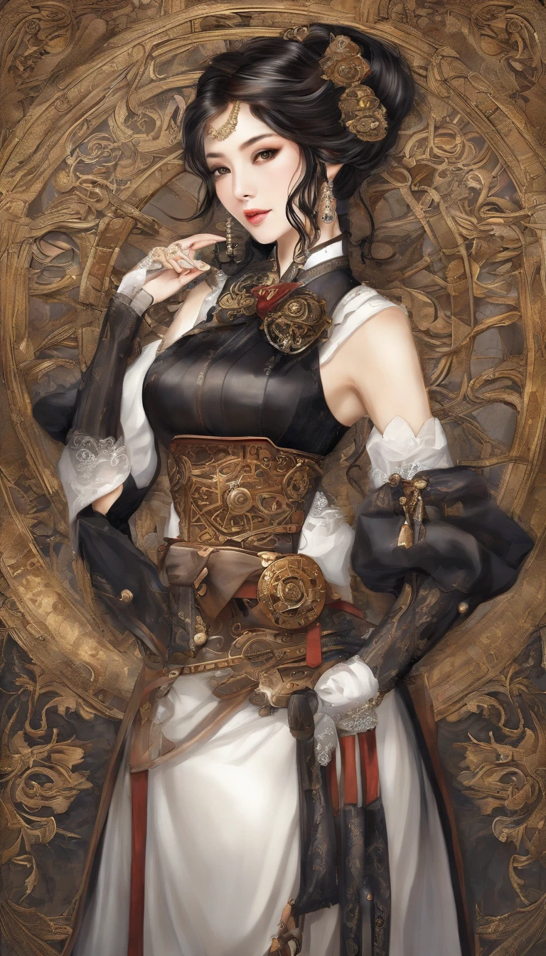 Moisturized skin, Clean skin quality, shinny skin, depth of fields,top-quality, hight resolution, ighly detailed, The ultra -The high-definition,A Japanese Lady,27yo, (1girl in,Whole body,a beauty girl,Lustrous skin,Looking down,Looking at Viewer),, (Straight black shiny hair,Blue eyes,bow ribbon,hanbok, korean clothes), (Clothed_Underbust:1.2),underboob,Protruding areola,