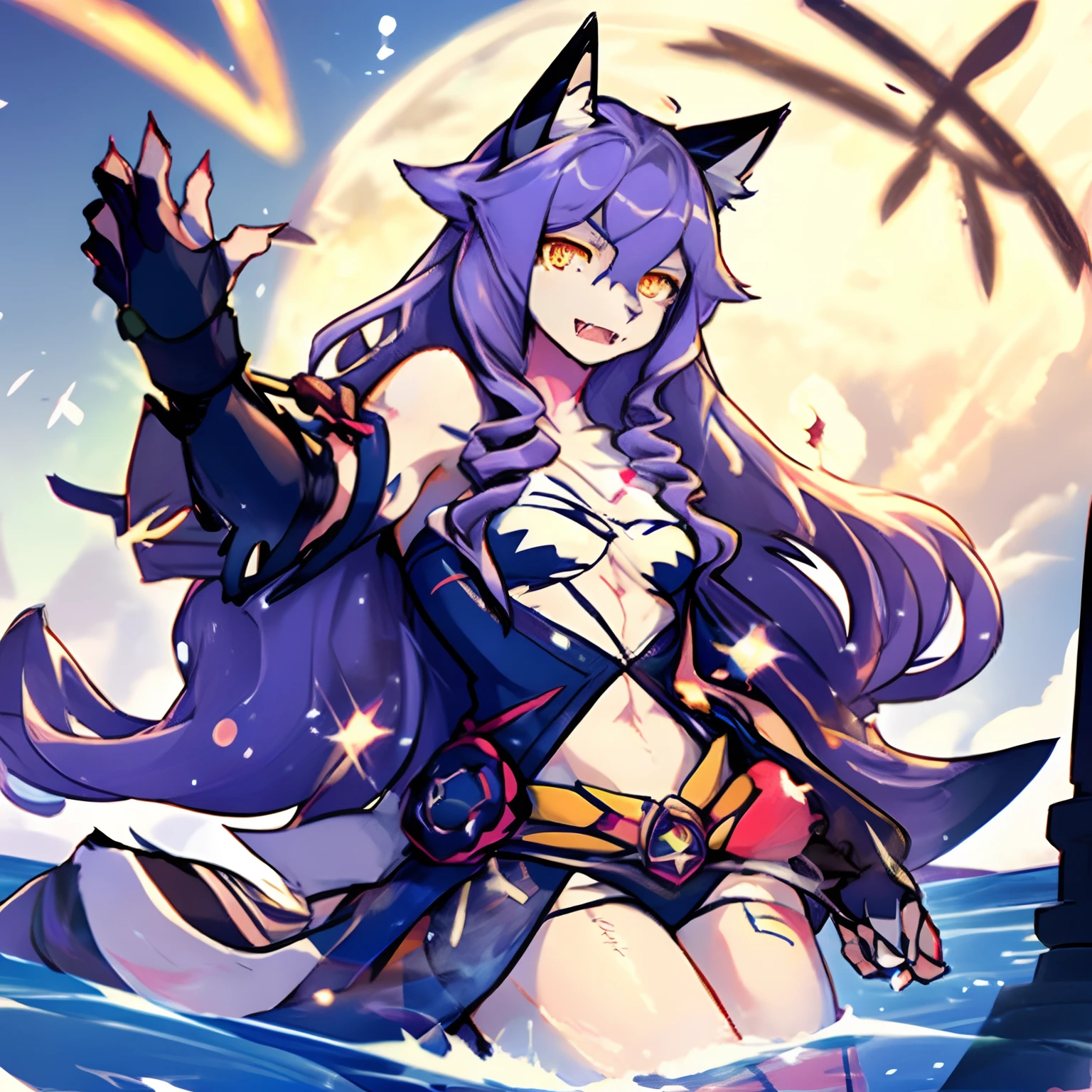 Anime tattoo sketch of a girl with wolf ears and fangs with purple hair, golden eyes, Floppy cat ears on the side, Crosses in the eyes, Furry, Lush breasts, bathing suit, Coat contours, 独奏