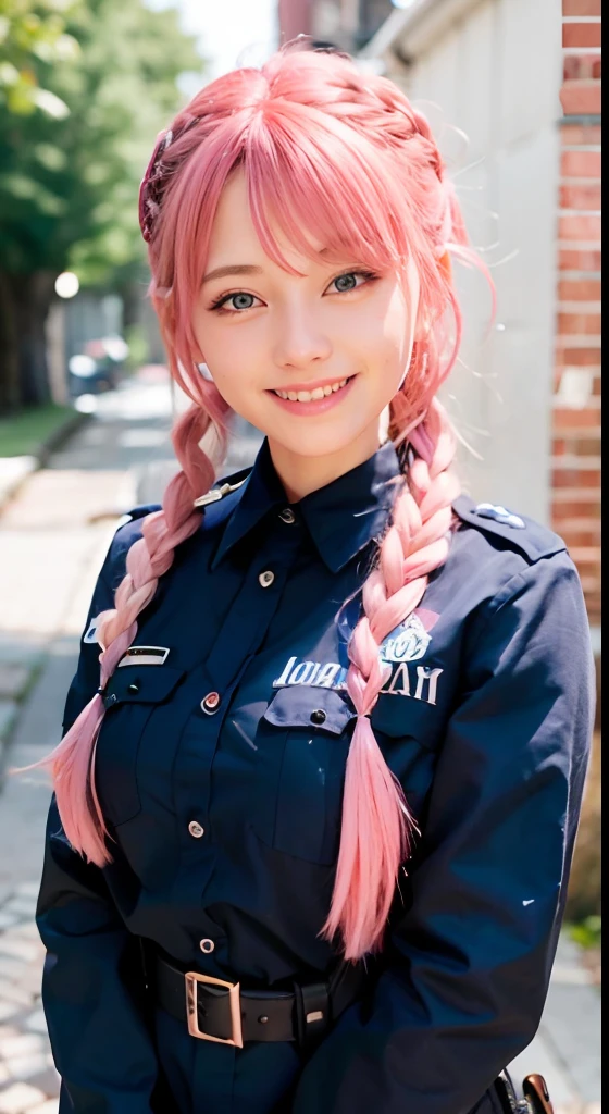 (ultra-detailliert), police uniform with、Blue eyes,The upper part of the body、Full body、faces、(A smile:1.5),(facing front:1.2), 18year old, teens girl,no tail,(no tail),2D, ​masterpiece, top-quality, animesque, A detailed eye, A detailed face, girl with, Only 1 person,Medium hair with pink hair, (Pink hair),  Ear Hair, small tits, Single braid, (Single braid), (Side braid), Background bokeh