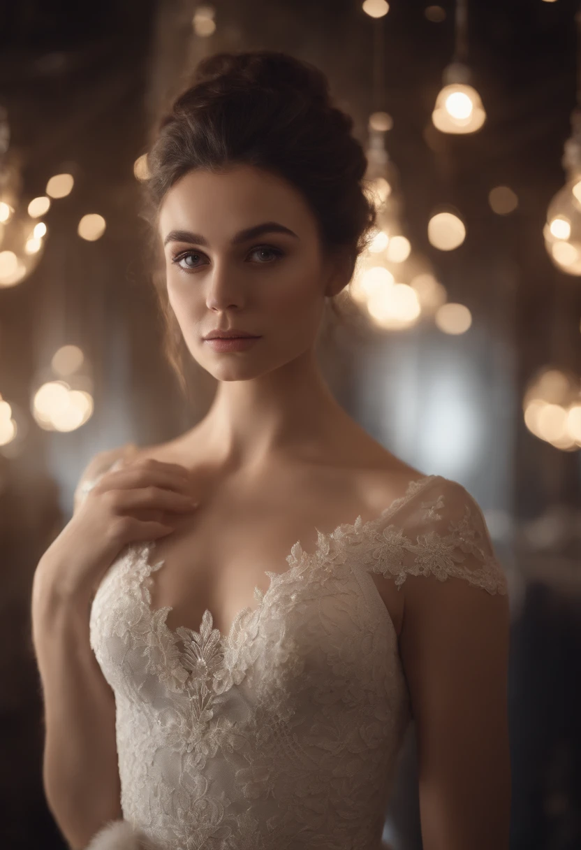 masutepiece, (Front Focus), Portrait of a Surrealist woman, Fantasy Art, Realism, Dynamic lighting, Art Station, poster for, Volumetric lighting, Highly detailed face, black and fluffy eyes, shiny pupils,4K, Award-winning, 1 girl, demure,FULL BODYSHOT, (Formulaware: 1.4,White lace gown), streetlights, dark brown hair,Protruding areola,