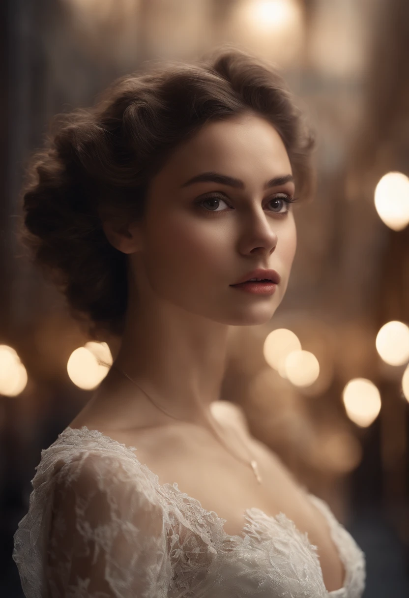 masutepiece, (Front Focus), Portrait of a Surrealist woman, Fantasy Art, Realism, Dynamic lighting, Art Station, poster for, Volumetric lighting, Highly detailed face, black and fluffy eyes, shiny pupils,4K, Award-winning, 1 girl, demure,FULL BODYSHOT, (Formulaware: 1.4,White lace gown), streetlights, dark brown hair,Protruding areola,