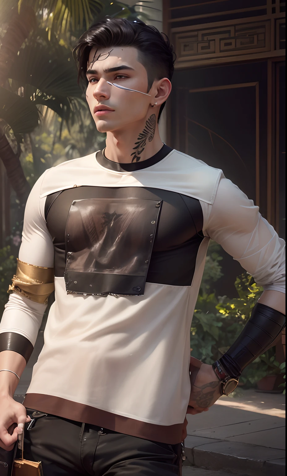 people in the background, ((extreme close up)), (pale), 1boy, solo, (Detailed Face), (perfect detailed eyes:1.1), (highly detailed skin:1.1), college guy, sliver necklace, tattoo on arm, male, slim, skinny, thin, lean, handsome Chinese rock star, hot male waiter, perfect athletic body, shirtless, hairy legs, Modelshoot style, Professional Photography, PHOTOREALISTIC, Cinematic, Realistic, sunset, standing in many plants cafe background, real human skin, detailed skin pores, highly detailed eyes, detailed skin, skin texture, intricately detailed, fine details, RAW, analog, sharp focus, raw, 8k uhd, high resolution, DSLR, high quality, Fujifilm XT3, award winning, masterpiece
