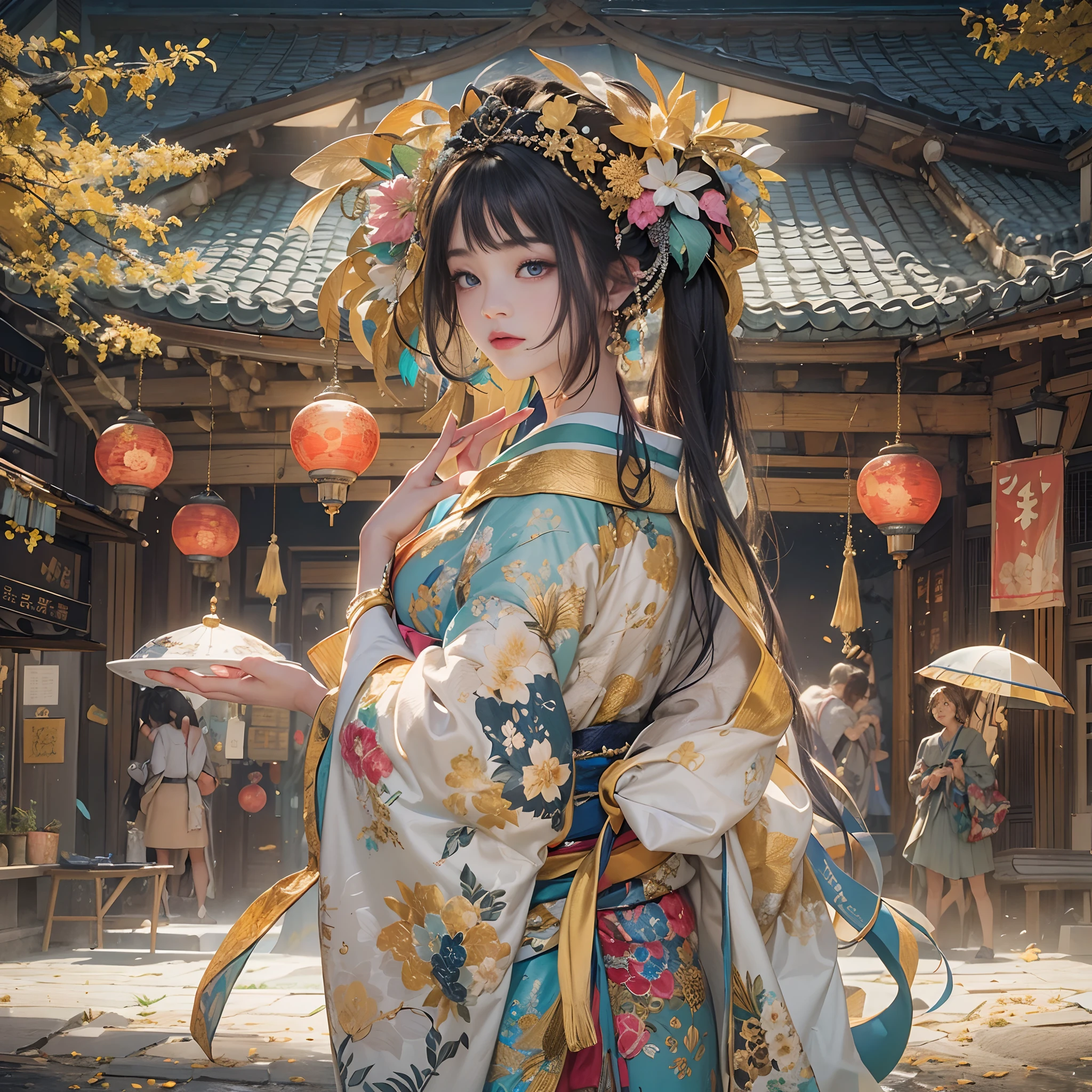 watching at viewers、Background with((ancient city:1.2)And the moon、(dense background:1.5))、BREAK {{{Luxury kimono(Colorful kimono(Detailed golden embroidery,))}}}、face perfect,Depict a beautiful and graceful woman of Japan,poneyTail、Woman with shiny black hair、perfect hand,Heart in the eye。odd eye,full body Esbian,Blur the background with a sickle,((masutepiece)), ((Best Quality))Wallpapers 16K, .Blur the background with a sickle,BREAK,((masutepiece)), ((Best Quality)),epicd(Lige Fries Photography、sony a7、50 millimeters、pores:1.5、Farbe、ultra-detailliert:1.5、film grains:1.4、hyper realisitic:1.5)、octan render、 ultra realistic lifelike textures、​masterpiece、unrealengine5、the Extremely Detailed CG Unity 8K Wallpapers、Madly detailed photo、Ultra-realistic light、(Pulitzer Prize for Best Photography、Taylor Wessing Award for Best Photography)