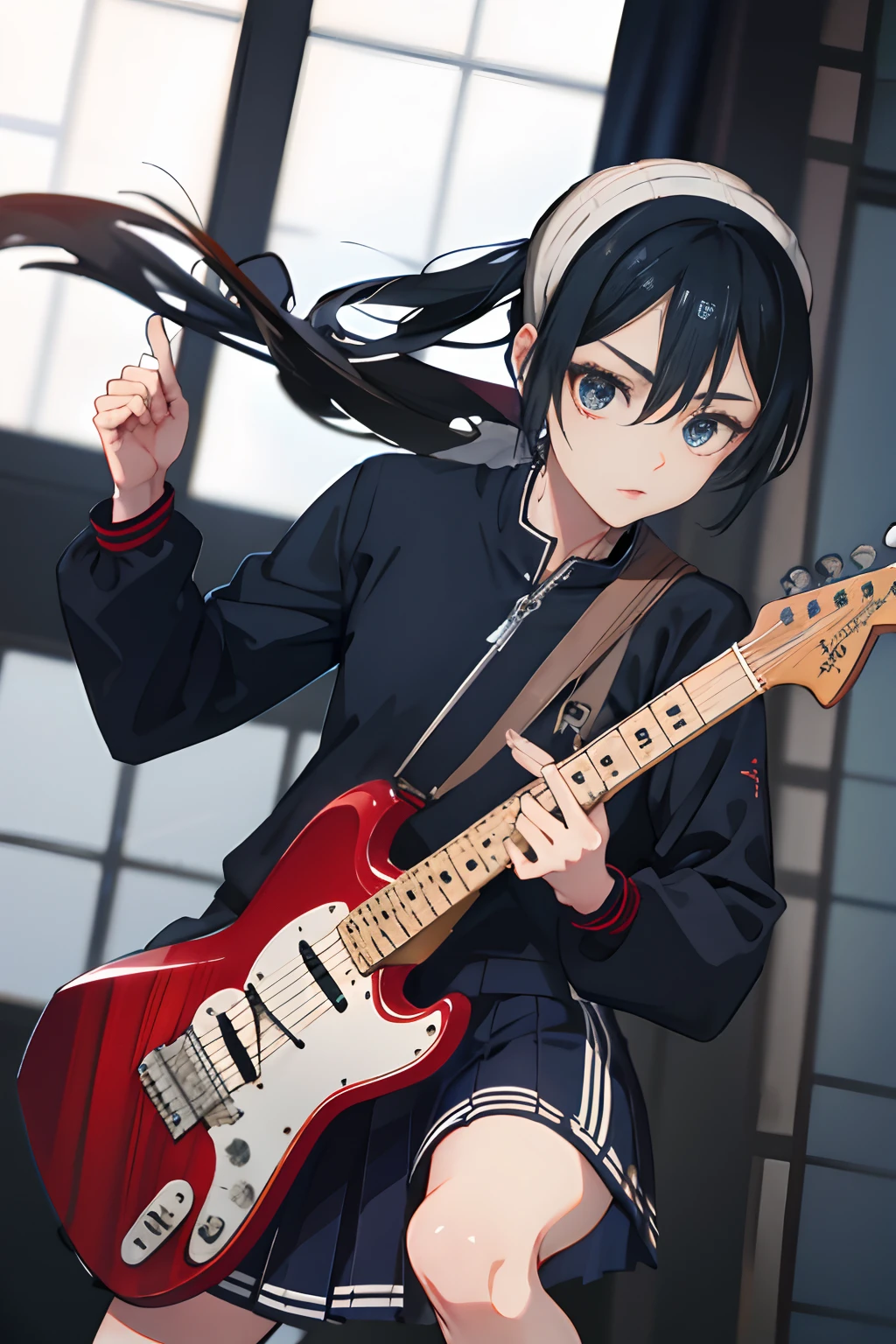 （Riko Amanay）、A dark-haired、校服、Serious、rock band、Guitar & Vocals