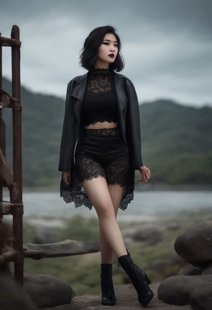 Black hair color, Short hairstyle, black eyeliner, Brown hair color, nose piercing, Black lace underwear, Black color lace embroidery and detailed garters, Thick sexy legs, huge-breasted, Sexy face, Detail in 8K, 超A high resolution, 8K, hyper realisitic, Perfect makeup, Ultra-detailed landscapes, Beautiful Asian Girl, Asian, gothic styles, Black lipstick, Gothic Girl, Full body