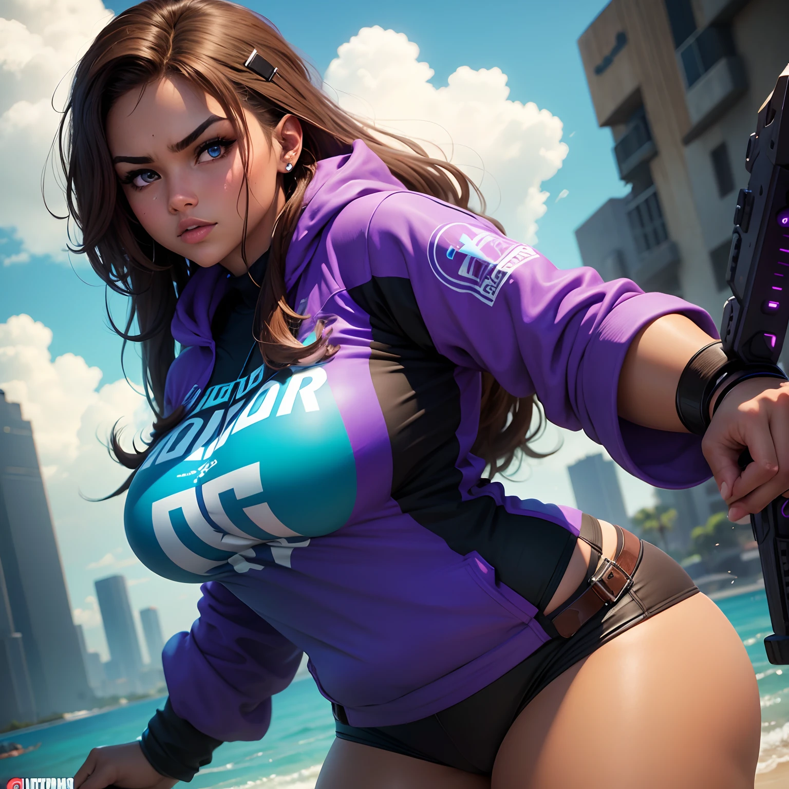 Thick gamer girl, side close up, beautiful, tan skin, Brown hair, bad ass, fierce, black, purple, cyan