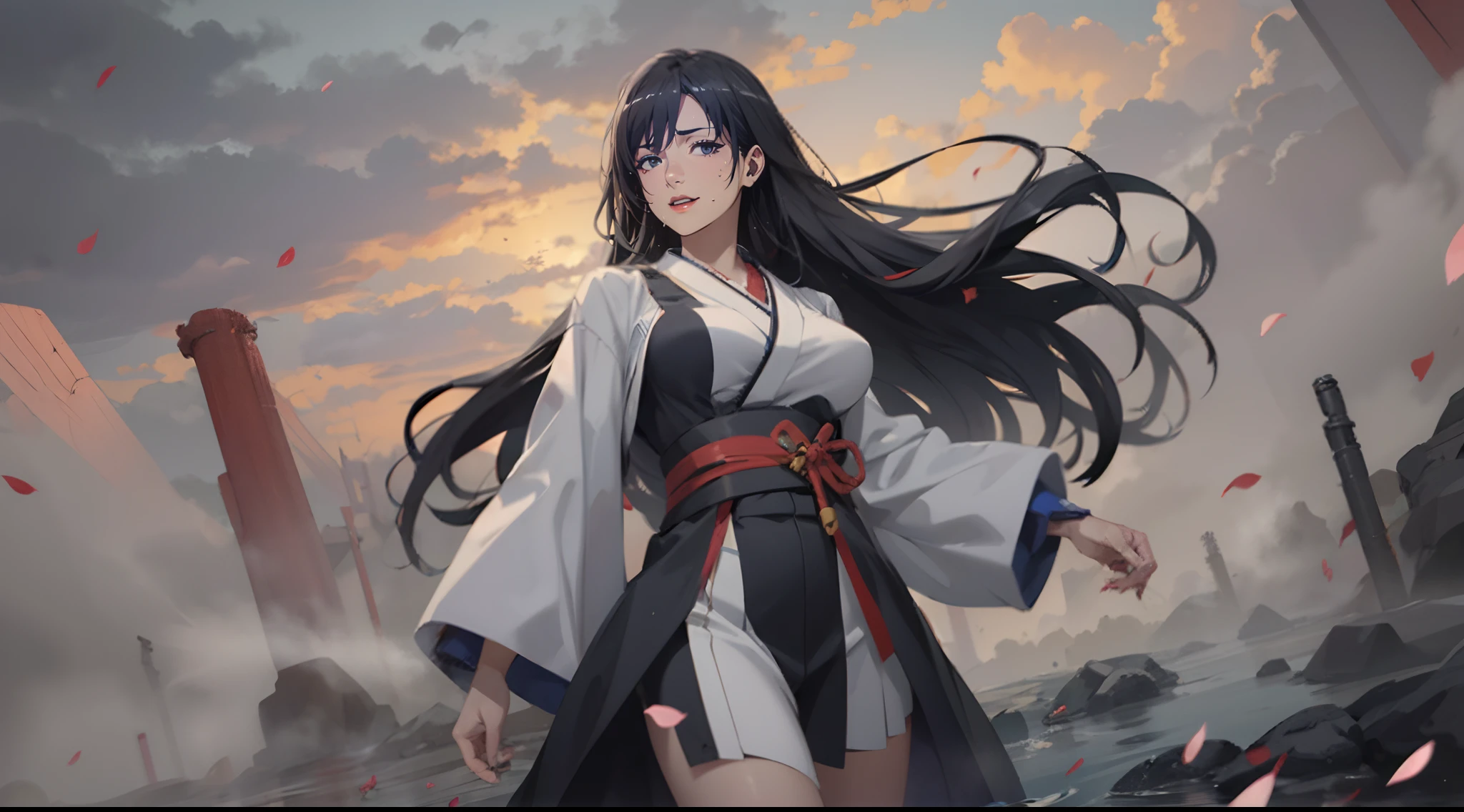 sensei, (black hair, long hair:1.7), 1girl, breasts, wide_sleeves, japanese_clothes, looking_at_viewer, sky, cloud, petals, water, wading, standing, mole, outdoors, wind,  long_sleeves, large_breasts, kimono, sash, cloudy_sky, sweating, fog, steaming body, glow effects, godrays, Hand drawn, render, 8k, octane render, cinema 4d, blender, dark, atmospheric 4k ultra detailed, cinematic, Sharp focus, big depth of field, Masterpiece, colors, 3d octane render, 4k, concept art, trending on artstation, hyperrealistic, Vivid colors, extremely detailed CG unity 8k wallpaper, trending on CGSociety, Intricate, High Detail, dramatic