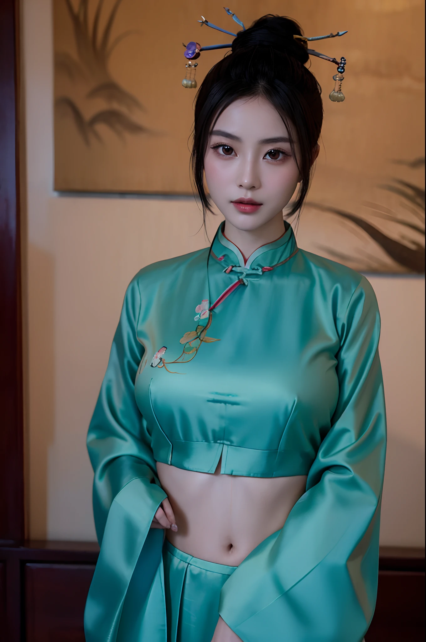 beautiful a girl、topknot,Chinese hair ornament:1.4,Chinese hairsticks:1.4,navel,high-level image quality、Like a shot with an SLR、big breast beauty、Sensual body、chinese clothes、slit、Painting a work of art depicting a woman in a traditional cheongsam