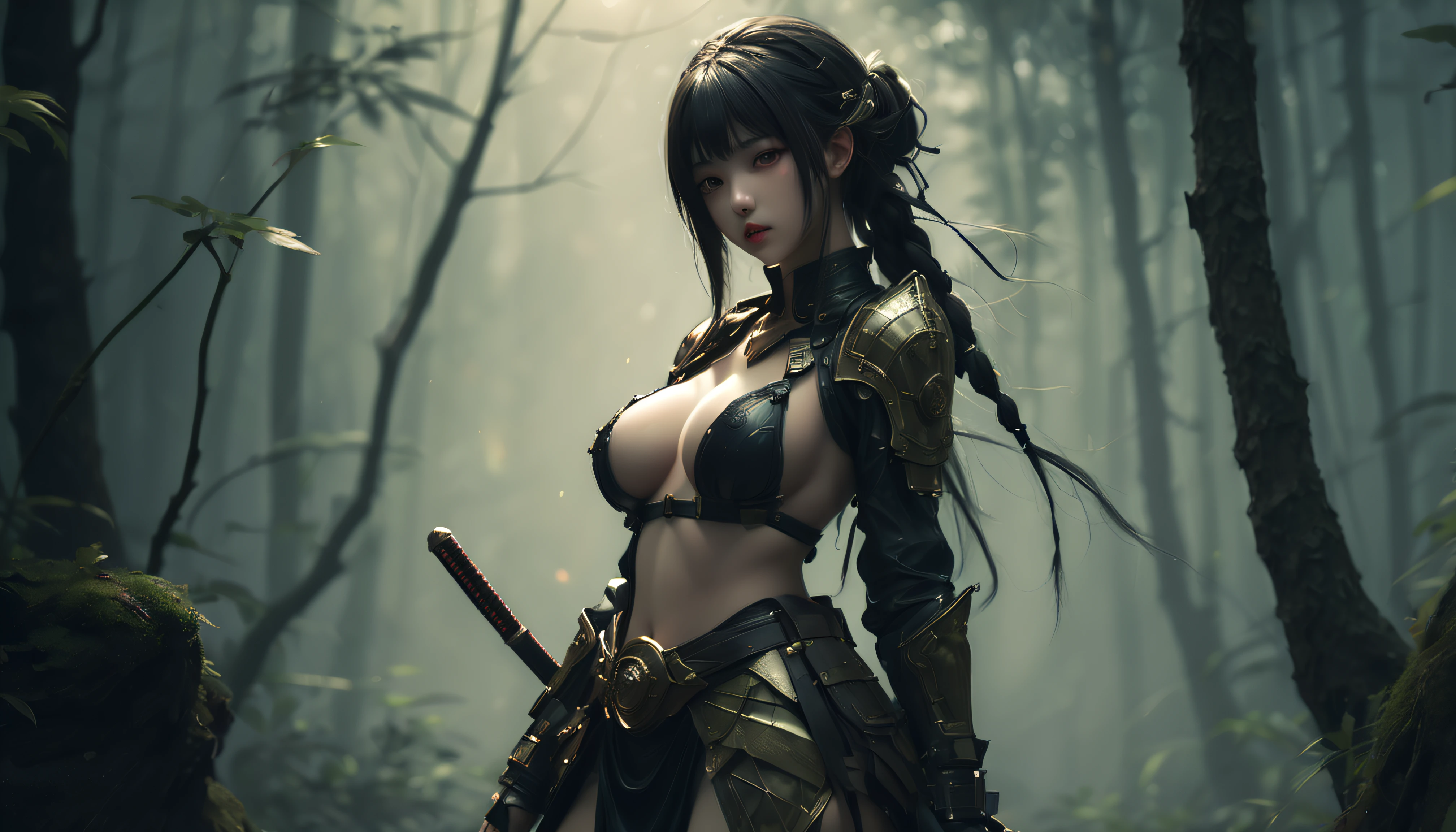 (garota), (Elfa), (NSFW), ((seios grandes, quadris largos, cintura fina)), (Samurai), (astronauta), ((olhando para o observador)), (sentimento), armadura detalhada, armas futuristas, mystic forest, noite de luar, cores vibrantes, dramatic lighting, cinematic composition, pinceladas magistrais, epic battle scene, detalhes intrincados, extremely high-resolution, foto realista, arte de fantasia, traditional painting techniques, dinamic poses, atmosfera sobrenatural, ethereal beauty, intense facial expressions, energia transcendente, (garota), (Elfa), (NSFW)