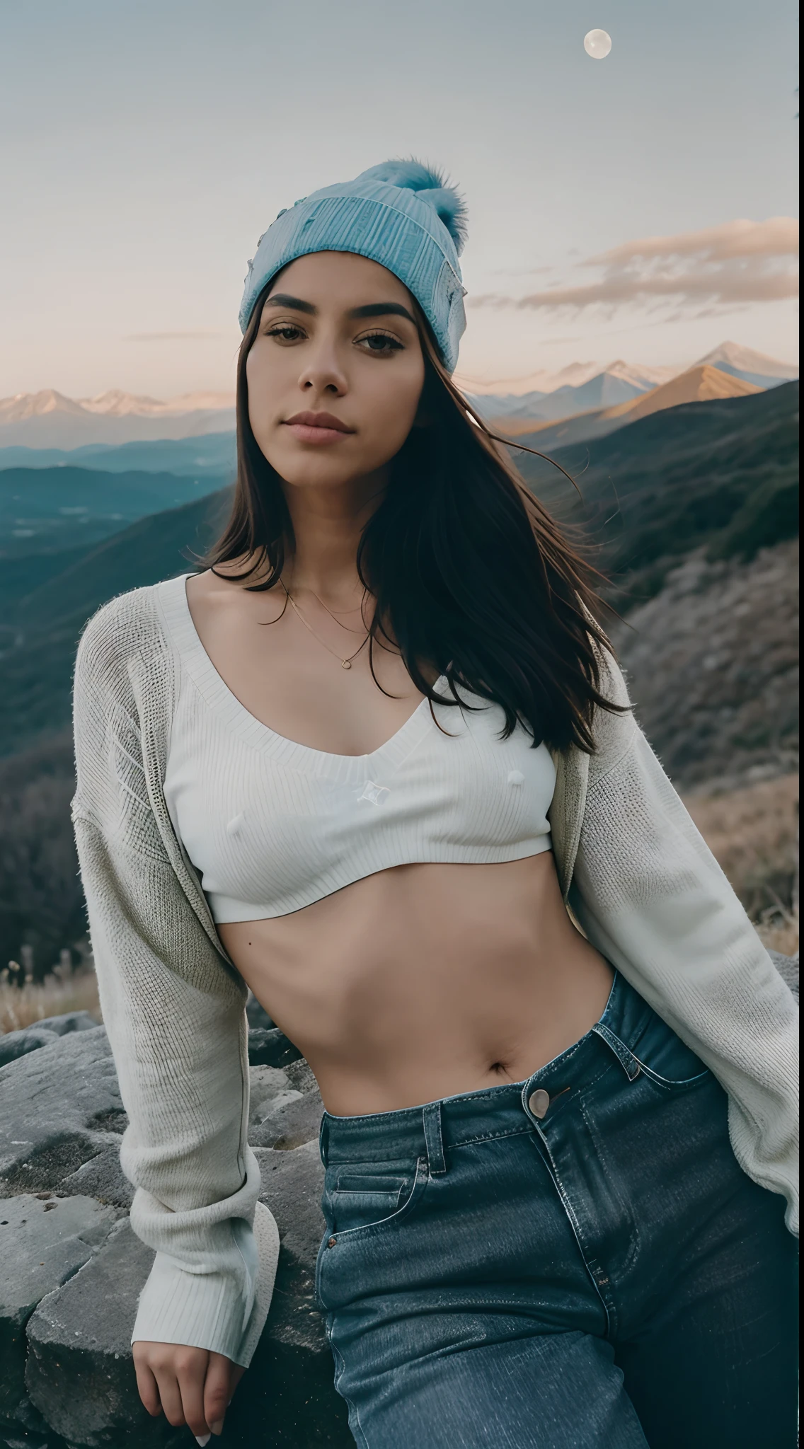 fotorrealista, La mejor calidad, hiper detallado, beautiful woman, Foto selfie, Parte superior del cuerpo, solamente, Uso de jersey, al aire libre, (Noche), Mountains, Naturaleza de la vida real, Estrellas, luna, (alegre, feliz), saco de dormir, Guantes, pullover, Beanie, linterna, bosque, Rocas, Kali, madera, humo, diente, cielo despejado, analog style, Mirando al espectador, textura de la piel, Film grain, cerrar, ultra-high-resolution, Mejor sombra, .RAW, instagram LUT