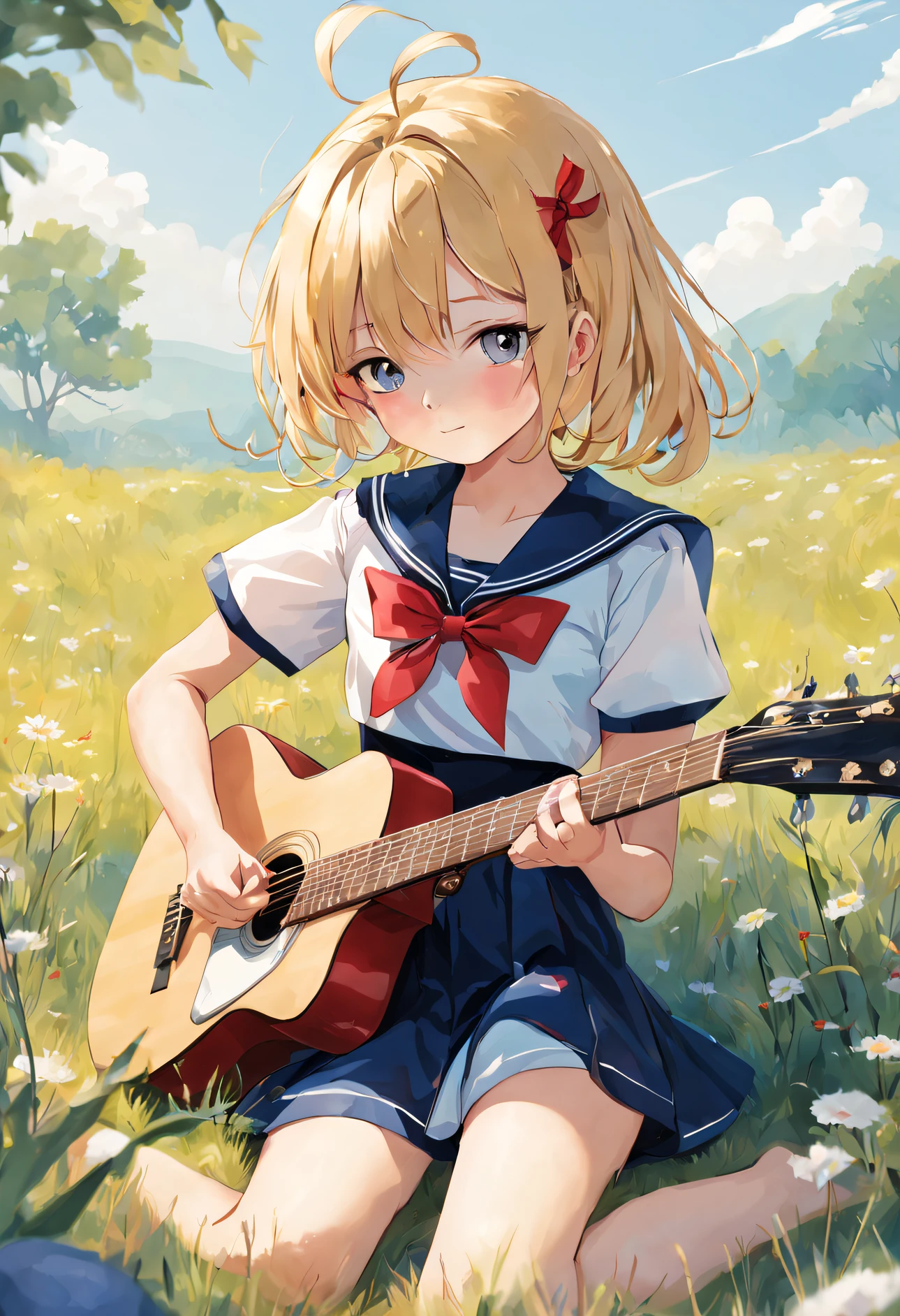 Girl in blonde sailor suit、Red ribbon on chest、Wearing a dark blue ribbon behind his head、Playing guitar in the meadow