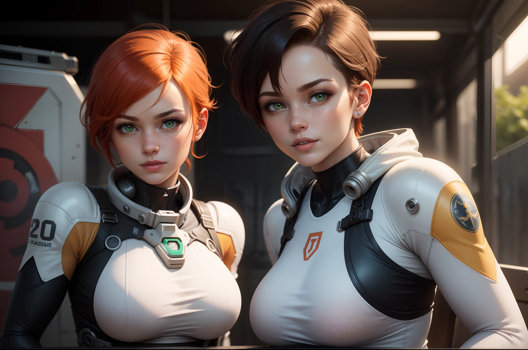 gwen tennyson,tracer,samus,rebecca chambers,overwatch,gundam,1girl,close up,mecha pilot,space port,mecha space suit,space marine,pirate corset, white long sleeve lycra top,white leggings,short hair,war makeup,green eyes,orange hair,purple highlights,shy smile,freckles,redhead,beautiful girl,large breasts,ultra detailed,realistic,fantasy art,