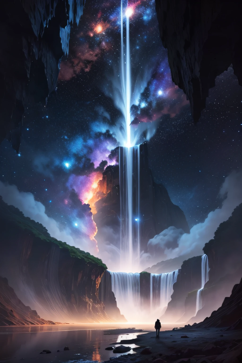 A magnificent waterfall where you can see the galaxy inside full of details and texture, galactic clouds