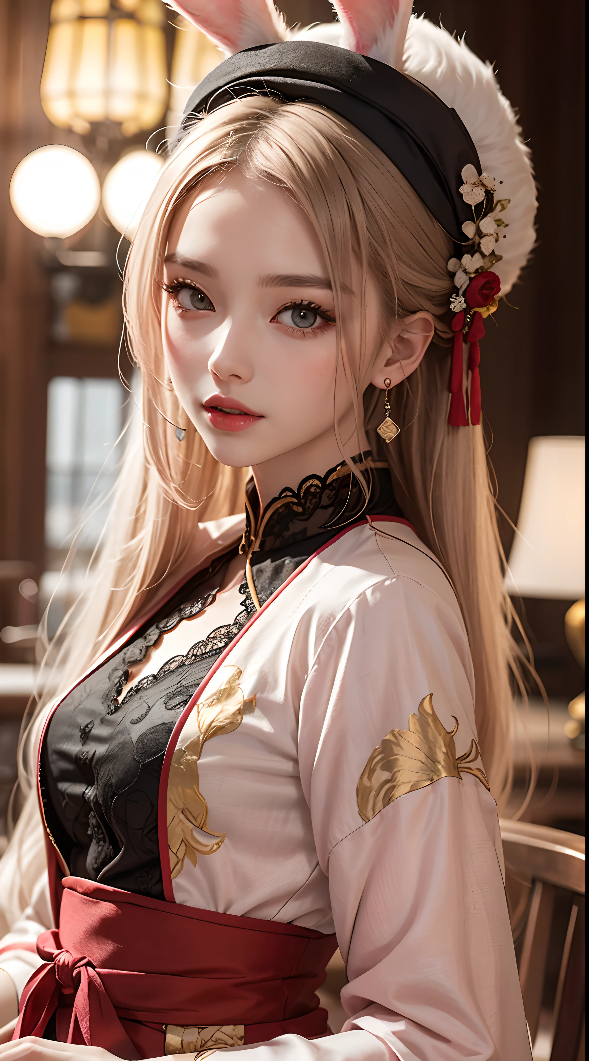 A stunning girl in a traditional hanfu costume, adorned with a thin red silk shirt featuring intricate yellow motifs. Her black lace top adds a touch of elegance to her outfit, while her light pink rabbit ears add a playful element. Her long hair is dyed a pale purple platinum, and is adorned with beautiful hair jewelry. Her pretty face is accentuated by her perfect features, and her earring jewelry adds a final touch of beauty.