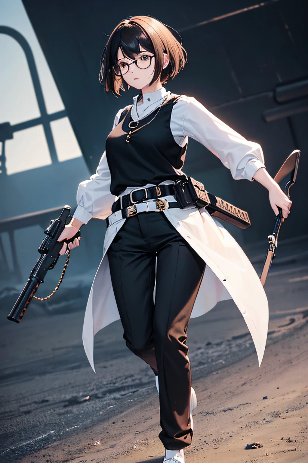 her name is fufu huntley, her gender is women, number of age is 20,  occupation is hunter, height 170cm, weight 45 kg, pale skin, wavy bob hairstyle and the color is black, eye color brown,       wearing white shirt with black vest, cloth trousers, black glove, black shoes, and belt gun. Glasses, wearing an r-shaped necklace, her look messy but clean, personality is resilient, her posture  confident stride. Full body please.