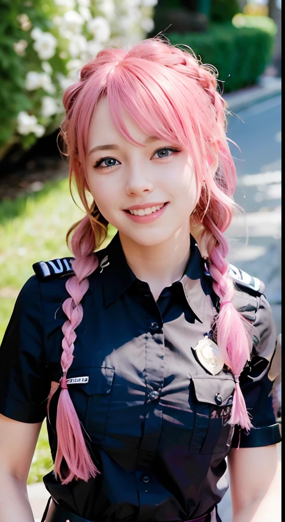 (ultra-detailliert), police uniform with、Blue eyes,The upper part of the body、a closeup、faces、(A smile:1.5),(facing front:1.2), 20yr old, teens girl,no tail,(no tail),2D, ​masterpiece, top-quality, animesque, A detailed eye, A detailed face, girl with, Only 1 person,Medium hair with pink hair, (Pink hair),  Ear Hair, small tits, Single braid, (Single braid), (Side braid), Background bokeh