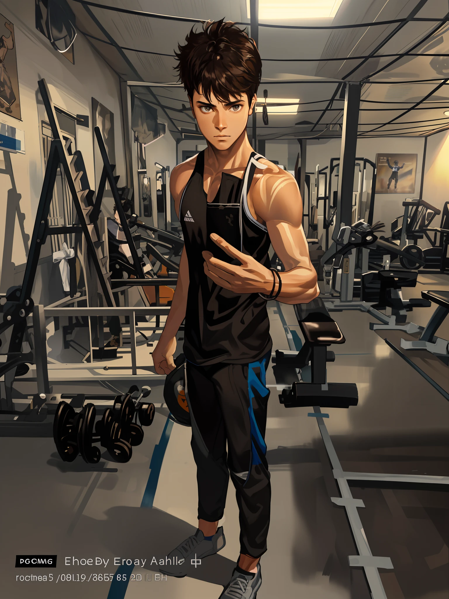he's man short hair brown hair brown skin brown eyes messy hair He's very short 1.59 m he's wearing the grey gym pants and a black tank top He's a person who is moderately strong, he's got he's got a little bit of muscle, he's in shoes.