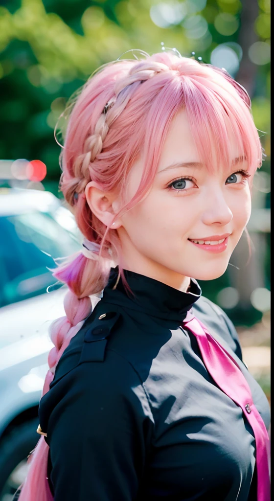 (ultra-detailliert), police uniform with、Blue eyes,The upper part of the body、full body、faces、(A smile:1.5),(facing front:1.2), 18year old, teens girl,no tail,(no tail),2D, masterpiece, top-quality, animesque, A detailed eye, A detailed face, girl with, Only 1 person,Medium hair with pink hair, (Pink hair), Ear Hair, small tits, Single braid, (Single braid), (Side braid), Background bokeh