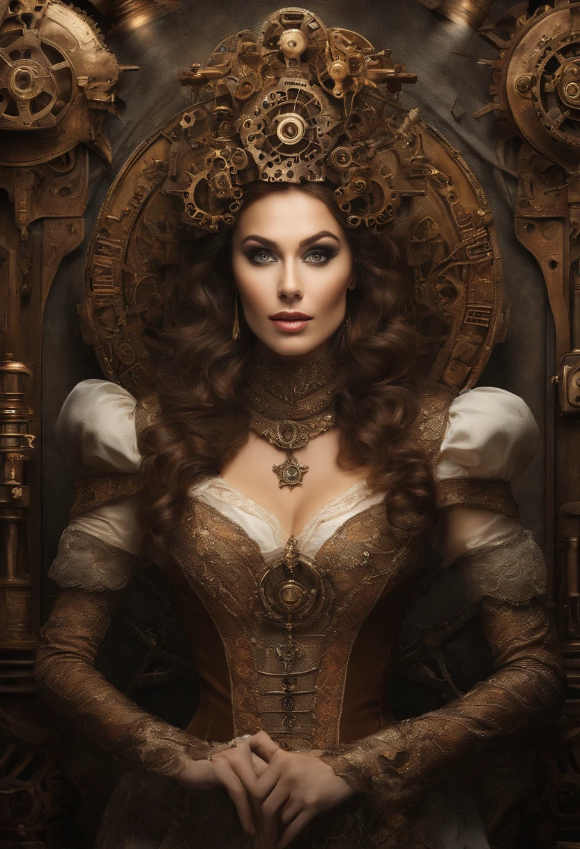 masutepiece, (Front Focus), Portrait of a Surrealist woman, Fantasy Art, Realism, Dynamic lighting, Art Station, poster for, Volumetric lighting, Highly detailed face, black and fluffy eyes, shiny pupils,4K, Award-winning, 1 girl, demure,FULL BODYSHOT, (Formulaware: 1.4,White lace gown), streetlights, dark brown hair,Protruding areola,