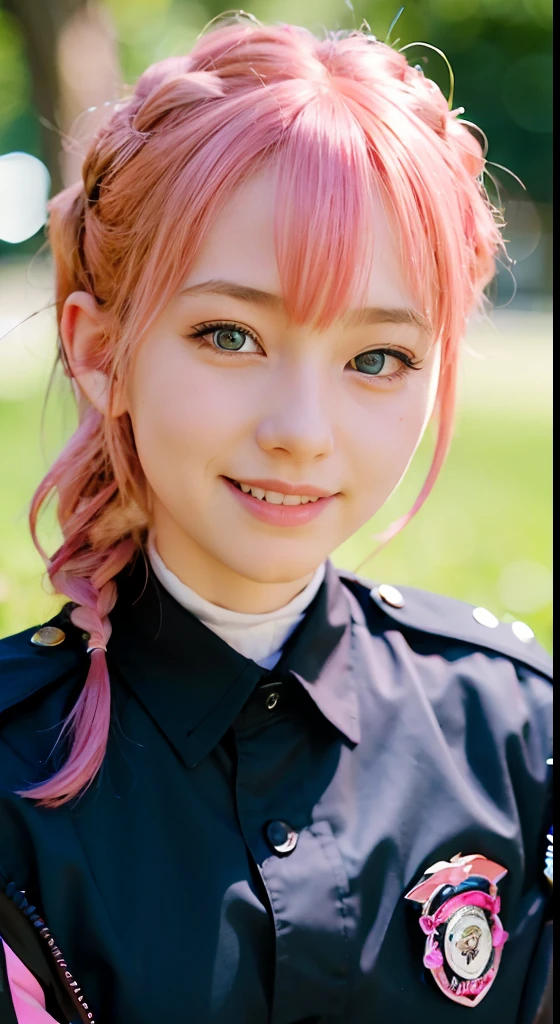 (ultra-detailliert), police uniform with、Blue eyes,The upper part of the body、a closeup、faces、(A smile:1.5),(facing front:1.2), 20yr old, s girl,no tail,(no tail),2D, masterpiece, top-quality, animesque, A detailed eye, A detailed face, girl with, Only 1 person,Medium hair with pink hair, (Pink hair), Ear Hair, small tits, Single braid, (Single braid), (Side braid), Background bokeh