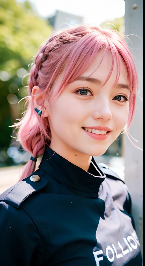 (ultra-detailliert), police uniform with、Blue eyes,The upper part of the body、a closeup、faces、(A smile:1.5),(facing front:1.2), 20yr old, teens girl,no tail,(no tail),2D, masterpiece, top-quality, animesque, A detailed eye, A detailed face, girl with, Only 1 person,Medium hair with pink hair, (Pink hair), Ear Hair, small tits, Single braid, (Single braid), (Side braid), Background bokeh