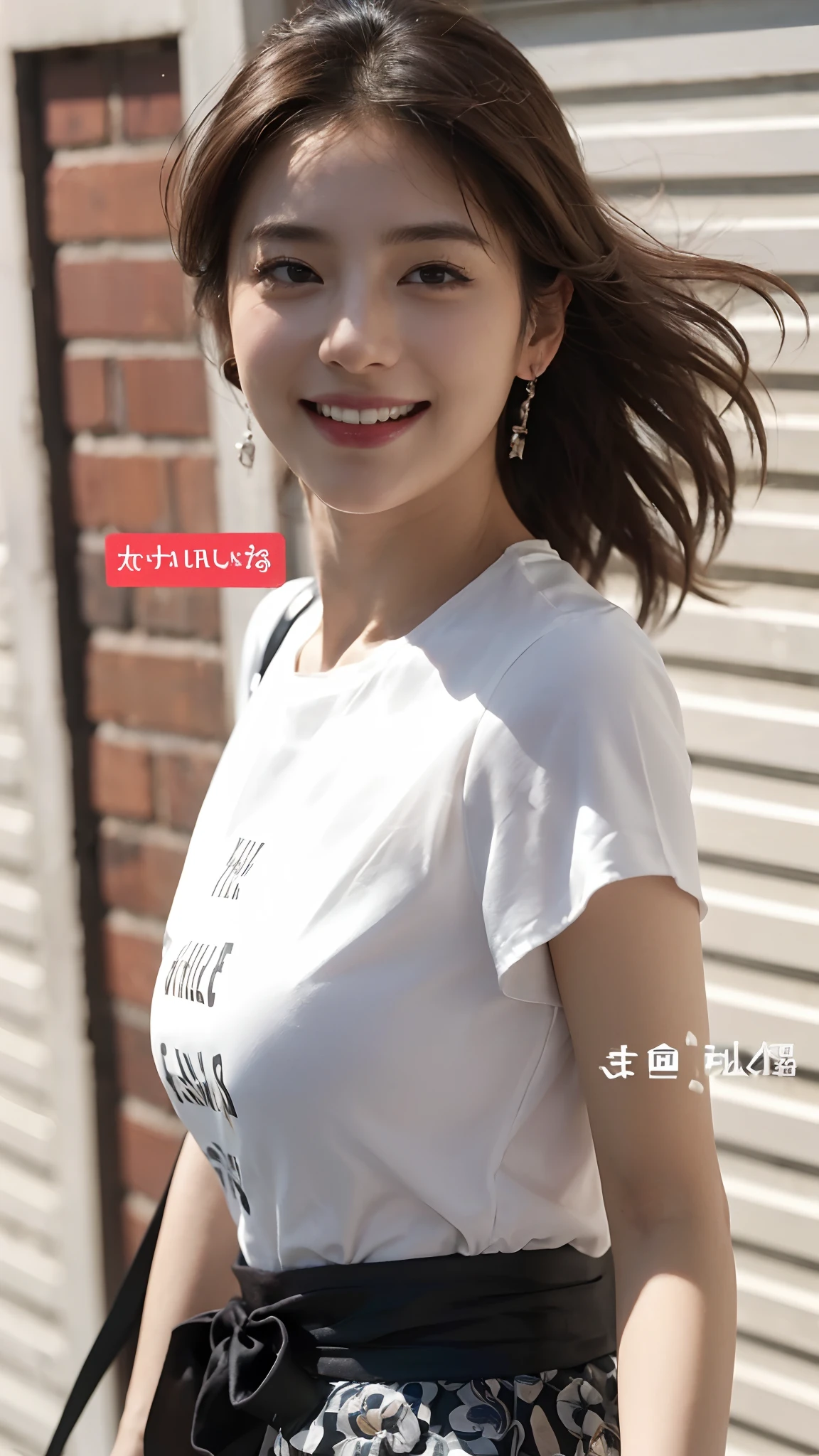 (top-quality、8k、masterpiece:1.3)、Beautiful Women in Perfect Figure:1.4、dark brown hair、extremely detailed face and skin、A detailed eye、二重まぶた、huge tit、a smile、g-cup