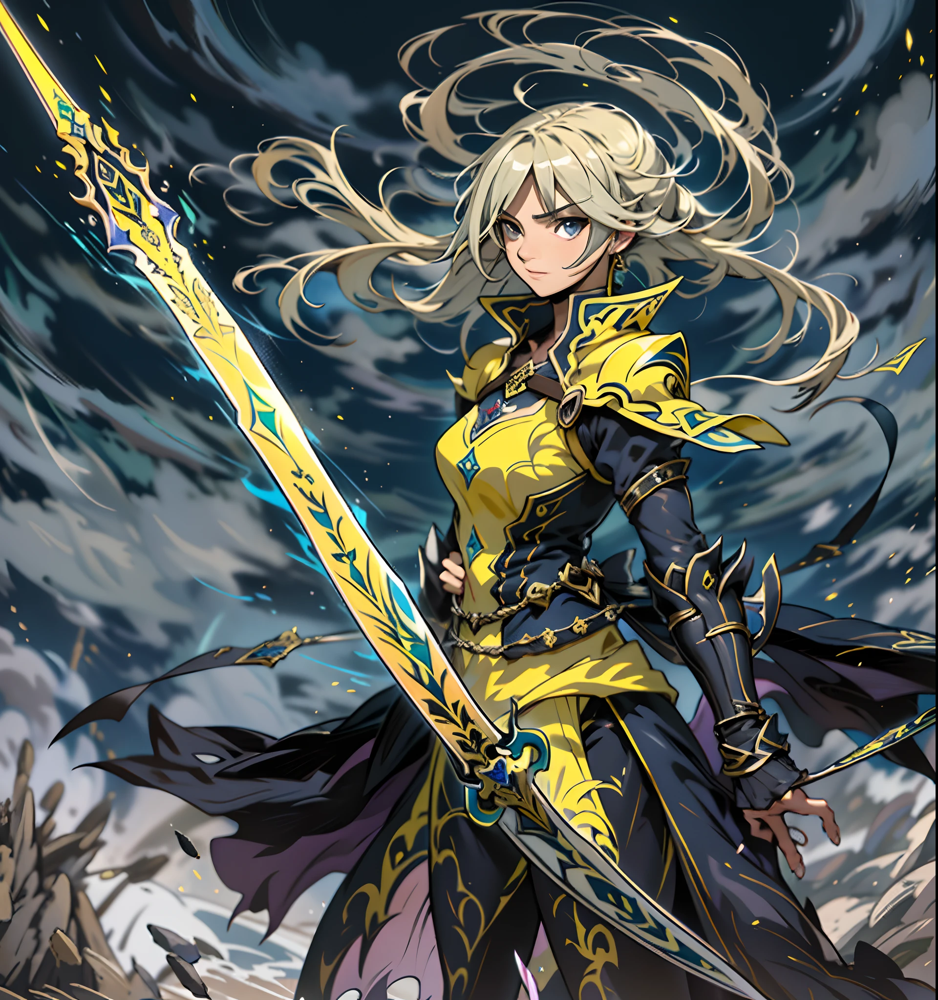 Hay un dibujo de una mujer sosteniendo una espada gigante celestal amarilla, Inspirado por Amano, inspirado por Li Chevalier, Arte Zerochan, sostiene una espada negra, Dark Cloud 2 art style, Ganador del concurso Pixiv, con espada grande, nge dark fantasy, anime in fantasy style, Drakengard, Arte de anime limpio y detallado, Boceto coloreado de alta calidad