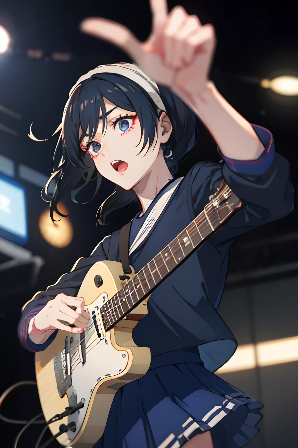 （Riko Amanay）、A dark-haired、校服、Serious、Screaming、rock band、Guitar & vocal