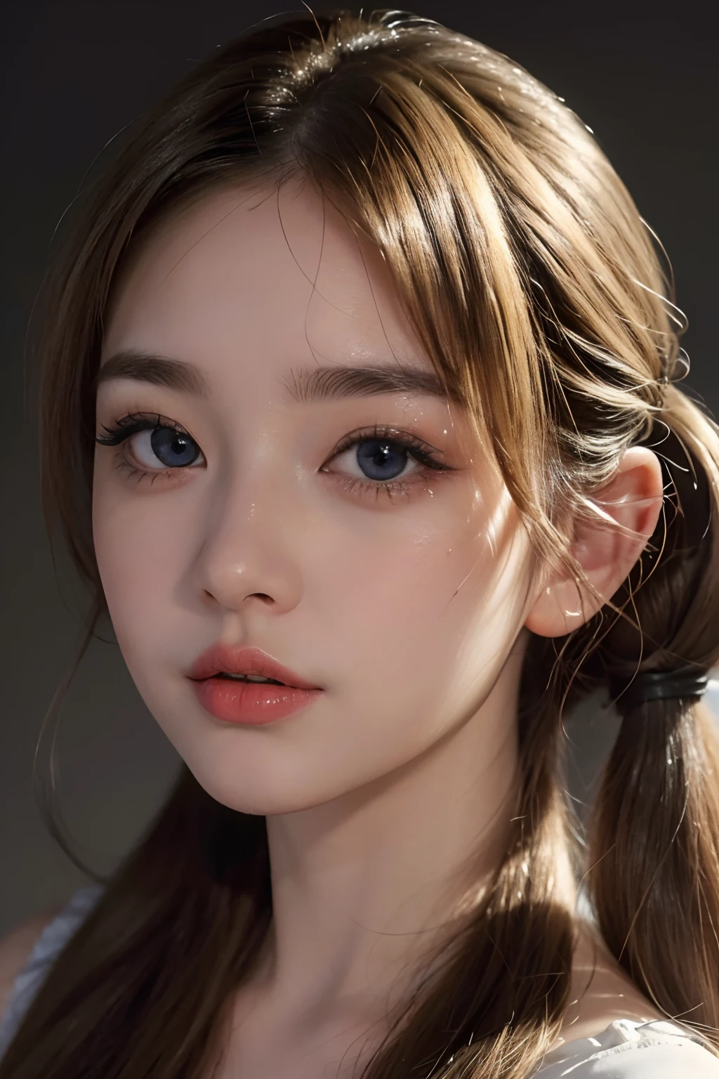 (8k, 4k, best quality, highres, ultra high res:1.1), (masterpiece, realistic, photo-realistic:1.1), 1girl,  face, close-up, twintails, blonde hair, black eyes, red lips,  (looking at viewer:2), absurdly long hair, long eyelashes, eyeshadow,  small face, big eyes,
bare shoulders,
high contrast,