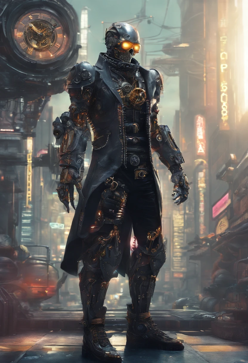 there is a statue of a skeleton with a clock on it, armadura steampunk, bioarmadura steampunk, armadura dieselpunk, Homem de Ferro Steampunk, guarda-roupa dieselpunk blindado, armadura de fantasia pesada, Sci-fi steampunk |, armadura de metal pesado, bronze biomechanical garment, guerreiro steampunk, super-steampunk hero, design steampunk, tecnologia steampunk, Armadura Vitoriana, armadura cyberpunk ornamentada, ele possui uma lareira em sua barriga, que sempre queima.
