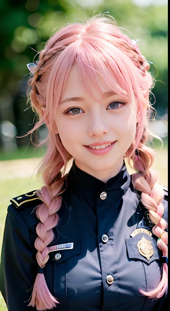 (ultra-detailliert), police uniform with、Blue eyes,The upper part of the body、a closeup、faces、(A smile:1.5),(facing front:1.2), 20yr old, teens girl,no tail,(no tail),2D, ​masterpiece, top-quality, animesque, A detailed eye, A detailed face, girl with, Only 1 person,Medium hair with pink hair, (Pink hair),  Ear Hair, small tits, Single braid, (Single braid), (Side braid), Background bokeh